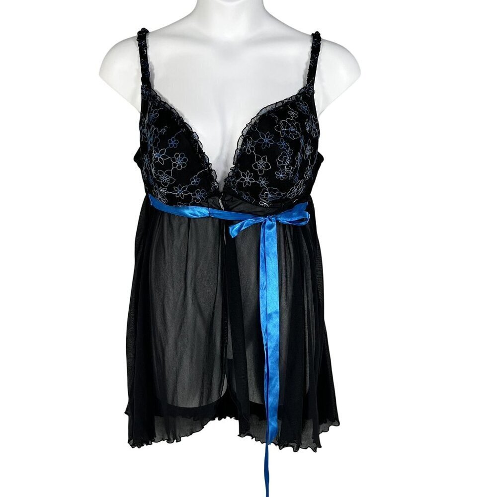 Cacique Womens 3X Babydoll Teddy Black Blue Floral Embroidered Bow Nightgown - Picture 2 of 10